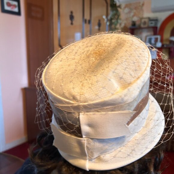 1960s peach basket MOD brown and grey striped birdcage veil hat - made in the us - Picture 5 of 14